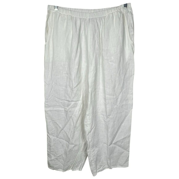 FLAX 100% Linen Wide Leg Elastic Waist High Waist Pull On White Pants Size Large - Picture 1 of 10